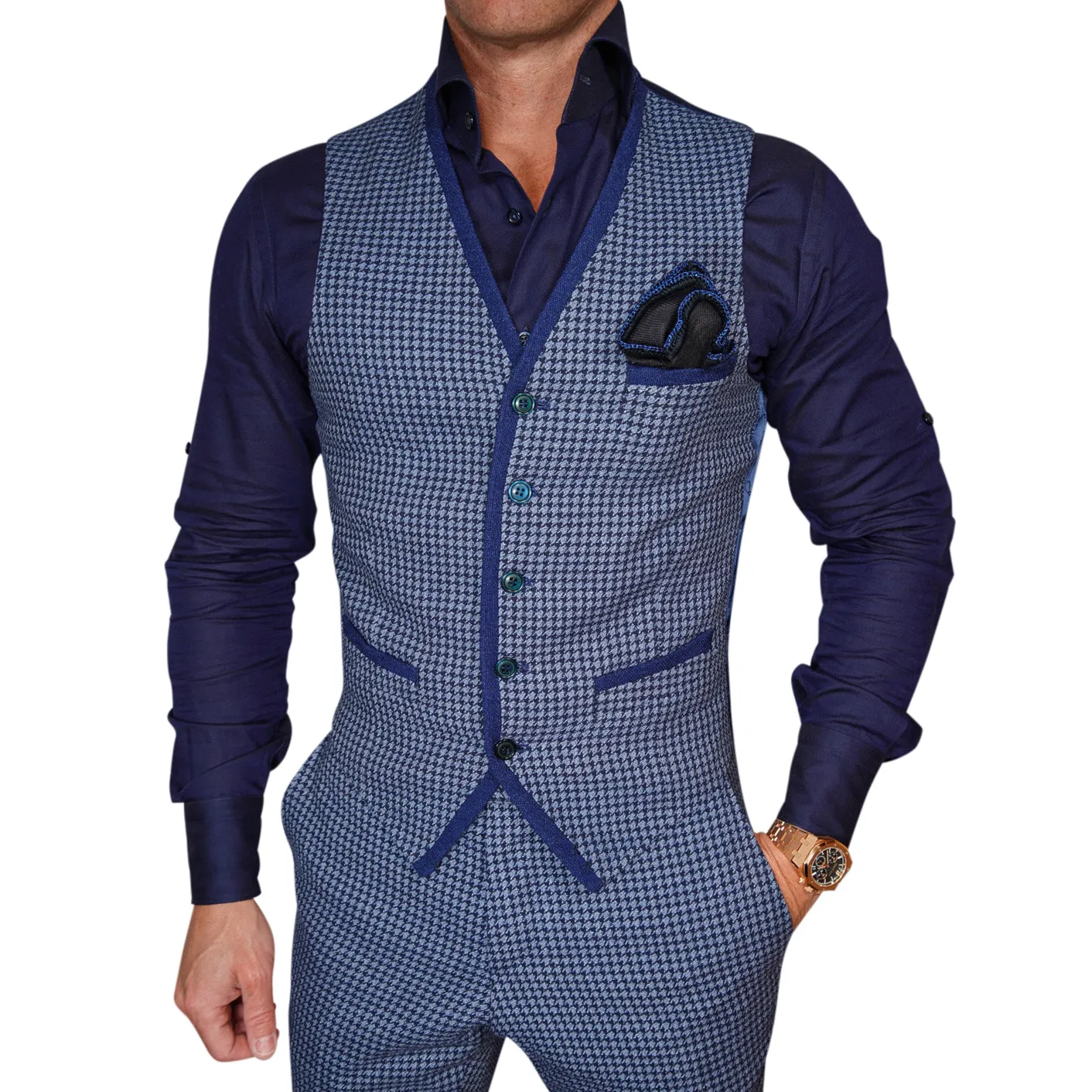 Powder Mica Blu Boucle Ciottoli Waistcoat @ The Vault sold by Sebastian Cruz Couture