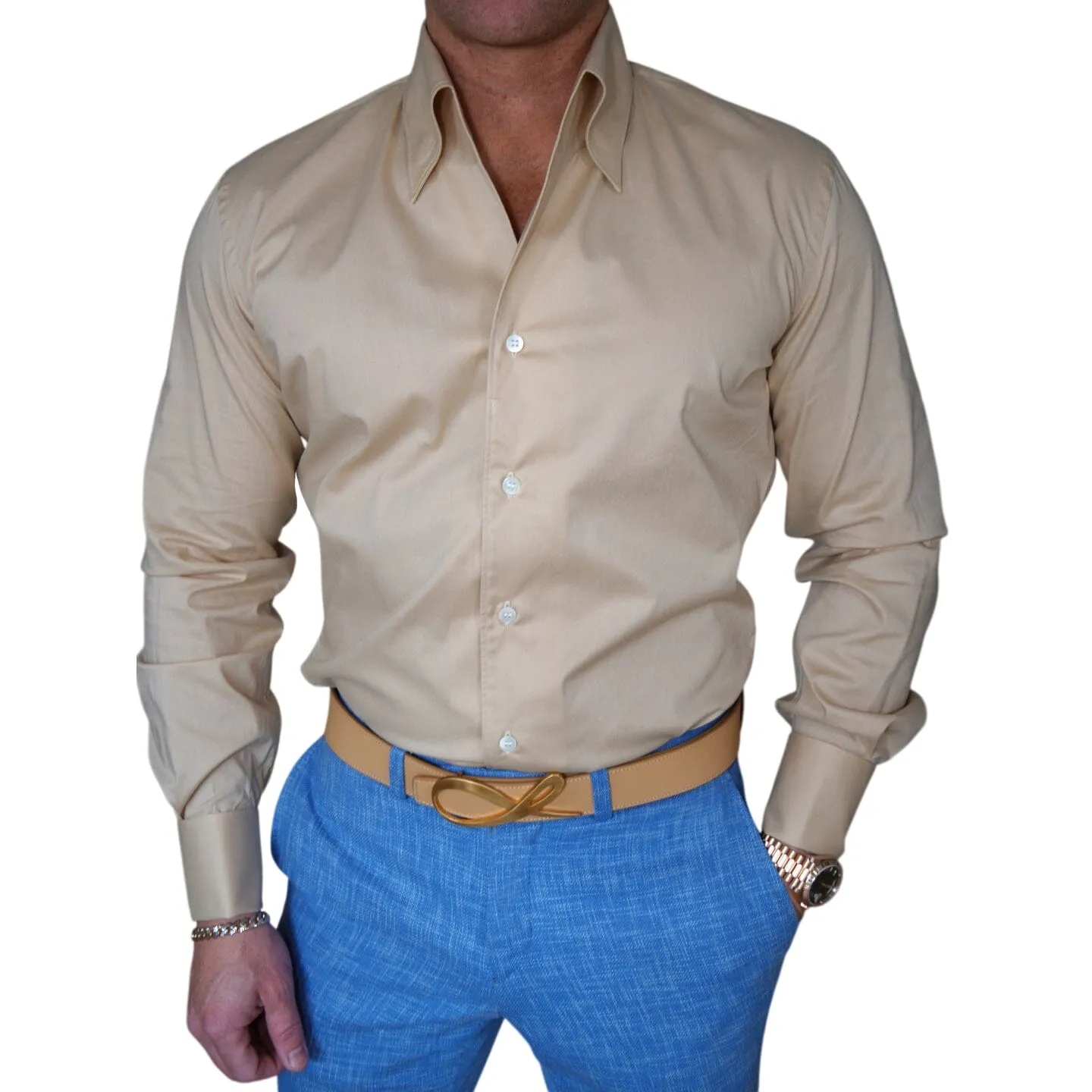 Khaki Pointed Solopezzo Dress Shirt sold by Sebastian Cruz Couture