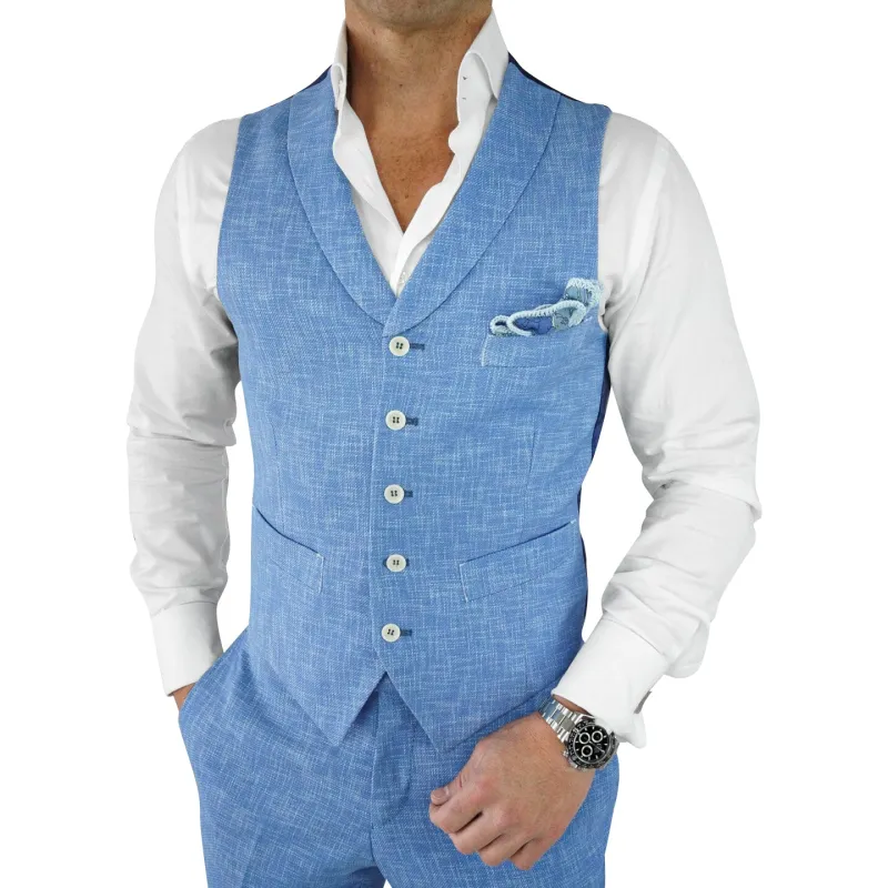 French Blu Lino Tweed Ciottoli Waistcoat sold by Sebastian Cruz Couture