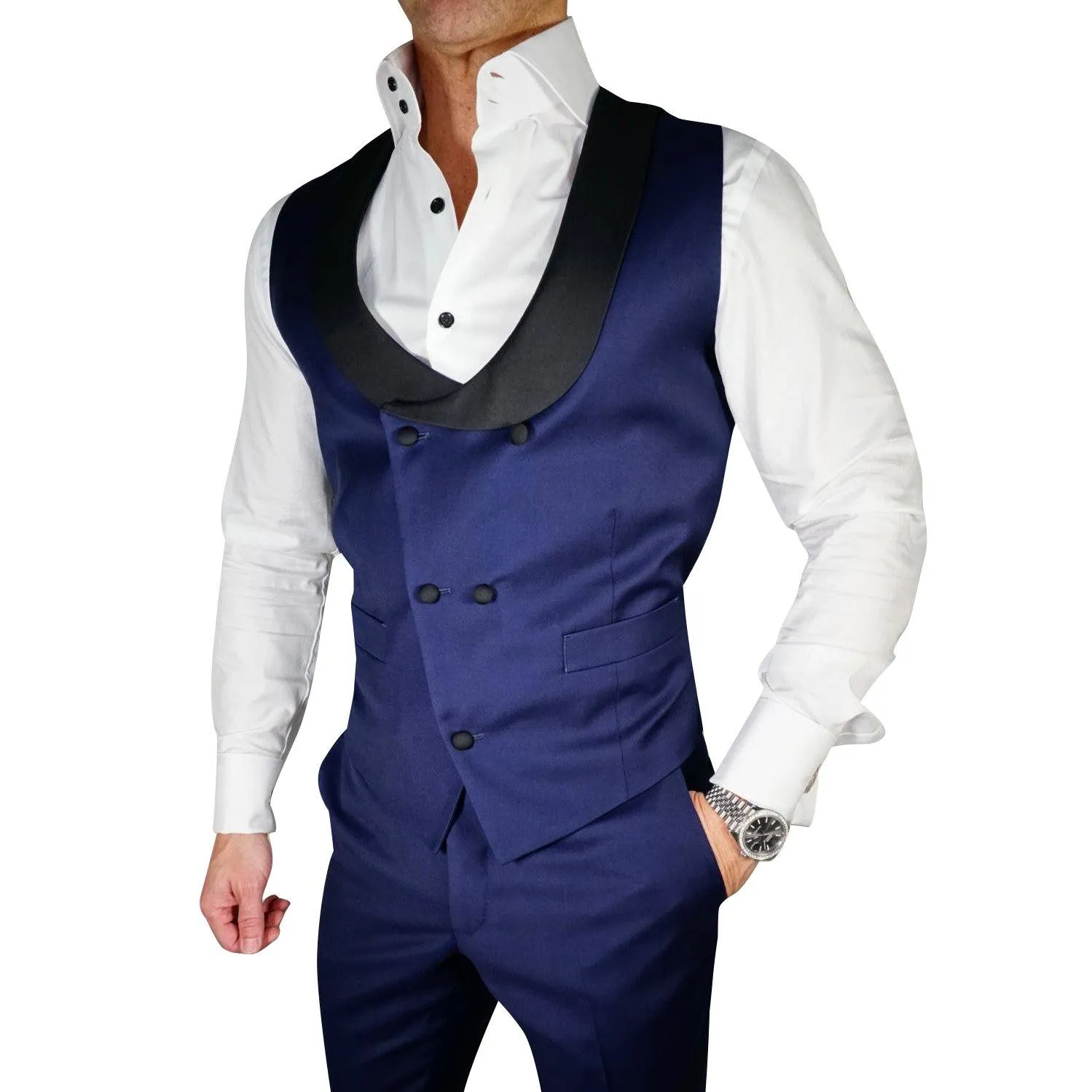 Navy Blue and Black Double Breasted Waistcoat @ The Vault sold by Sebastian Cruz Couture