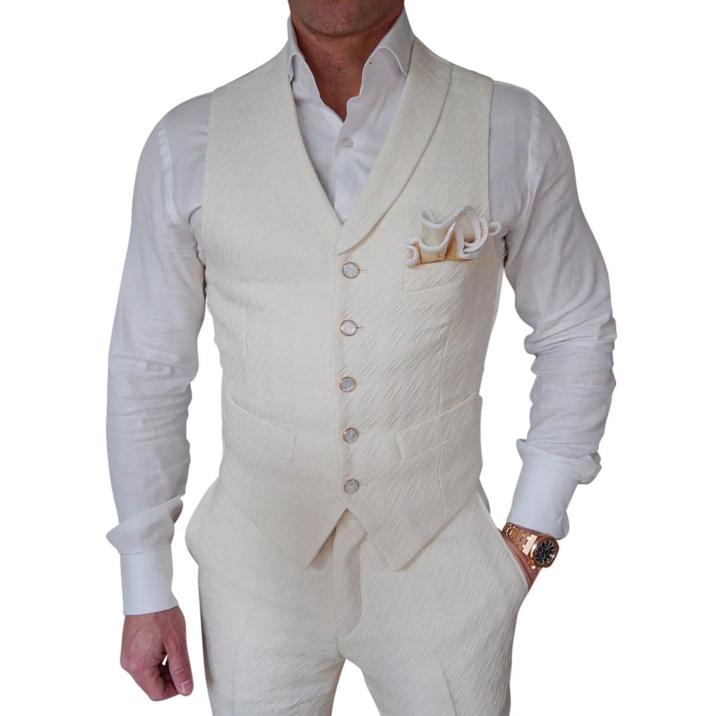 Vanilla Crema Houndstooth Ciottoli Waistcoat @ The Vault sold by Sebastian Cruz Couture