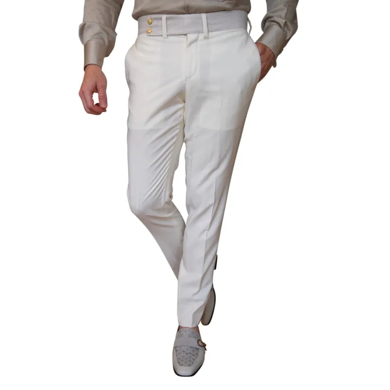 Ivory Latte Herringbone Hampton Trousers sold by Sebastian Cruz Couture