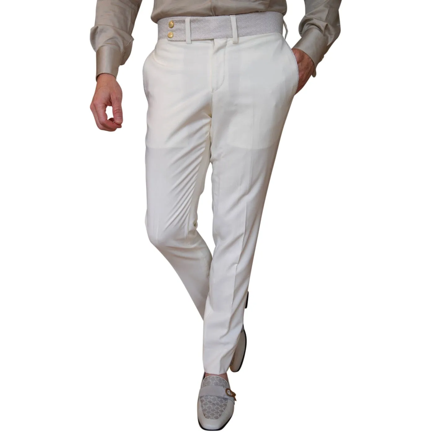 Ivory Latte Herringbone Hampton Trousers sold by Sebastian Cruz Couture
