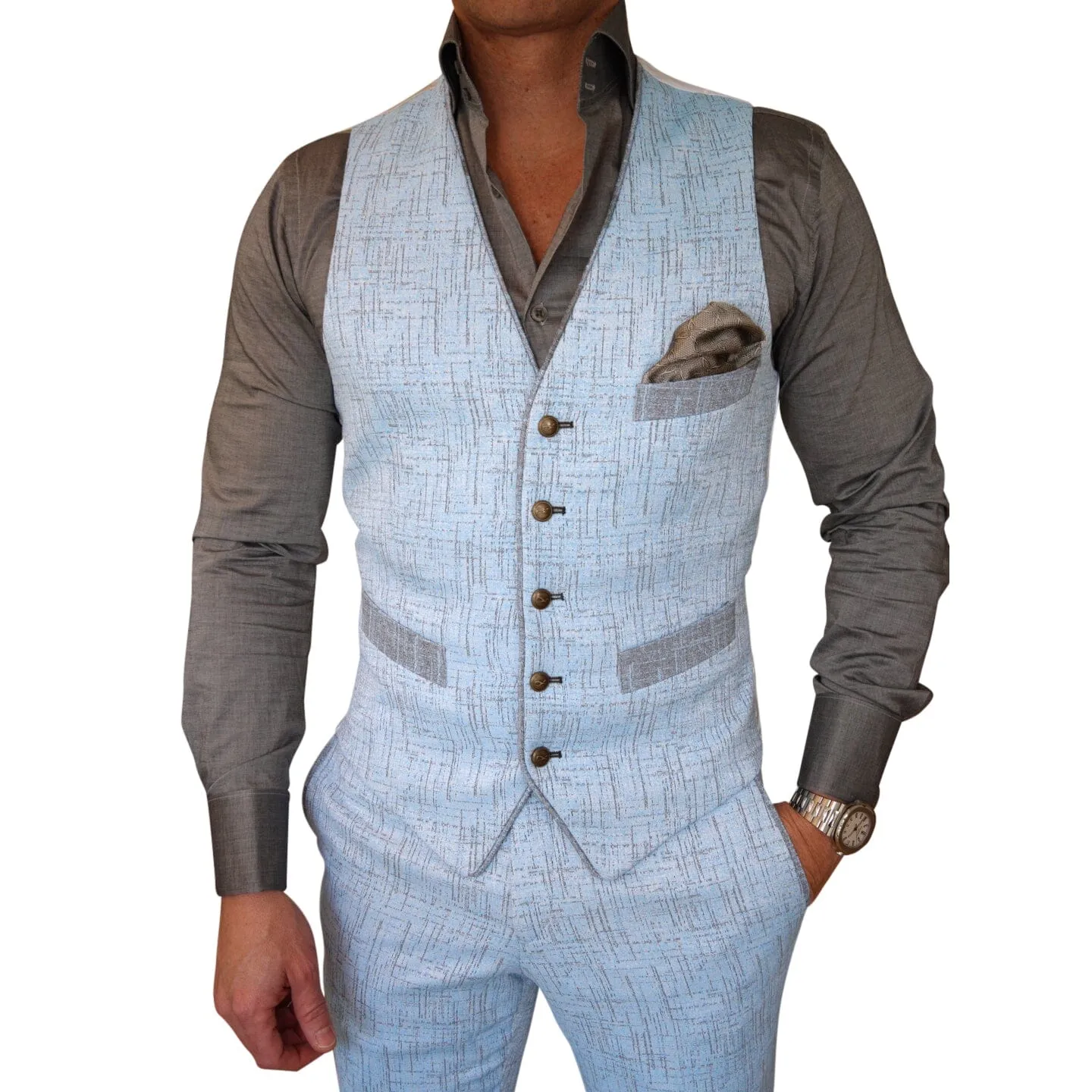 Azzurro Titanium Naked Ciottoli Waistcoat sold by Sebastian Cruz Couture