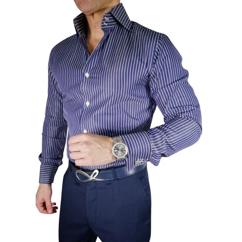 Navy Chalk Stripe Dress Shirt @ The Vault sold by Sebastian Cruz Couture