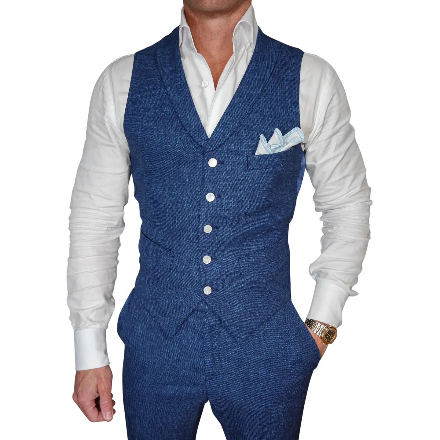 Prussian Blu Lino Tweed Ciottoli Waistcoat @ The Vault sold by Sebastian Cruz Couture