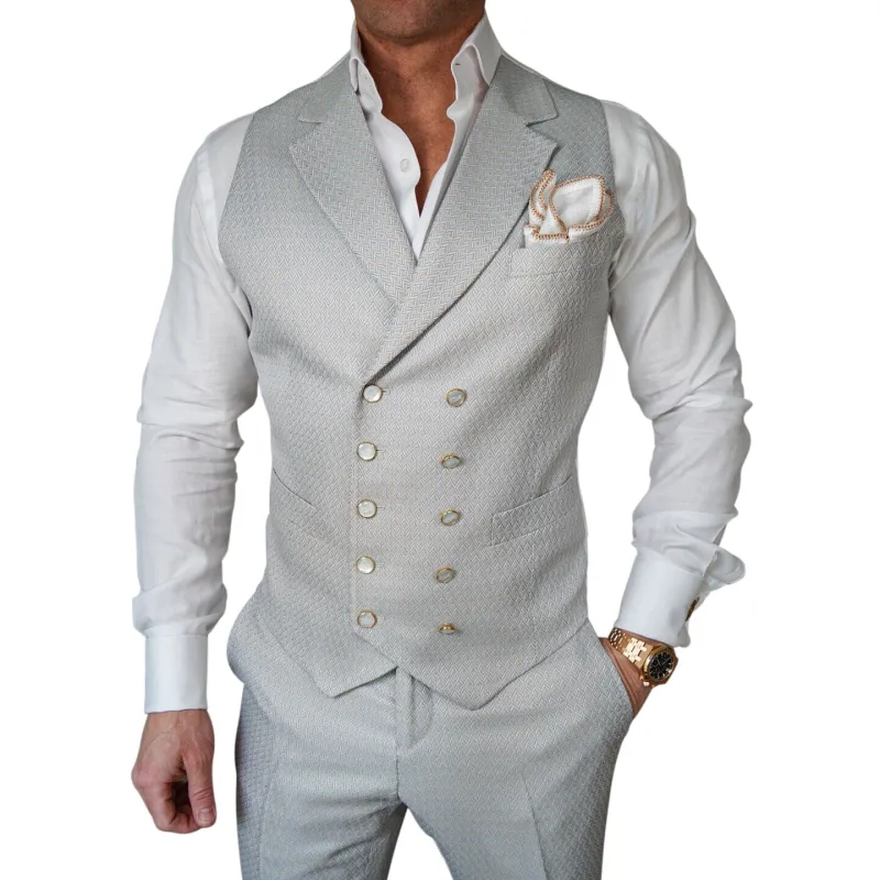 Oyster Herringbone Gemelli Waistcoat @ The Vault sold by Sebastian Cruz Couture