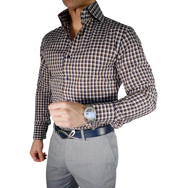 Navy Mocha Gingham Dress Shirt @ The Vault sold by Sebastian Cruz Couture