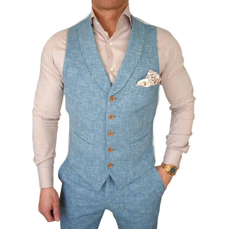 Teal Blu Lino Tweed Ciottoli Waistcoat sold by Sebastian Cruz Couture