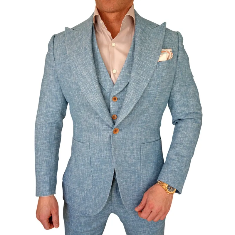 Teal Blu Lino Tweed Jacket sold by Sebastian Cruz Couture