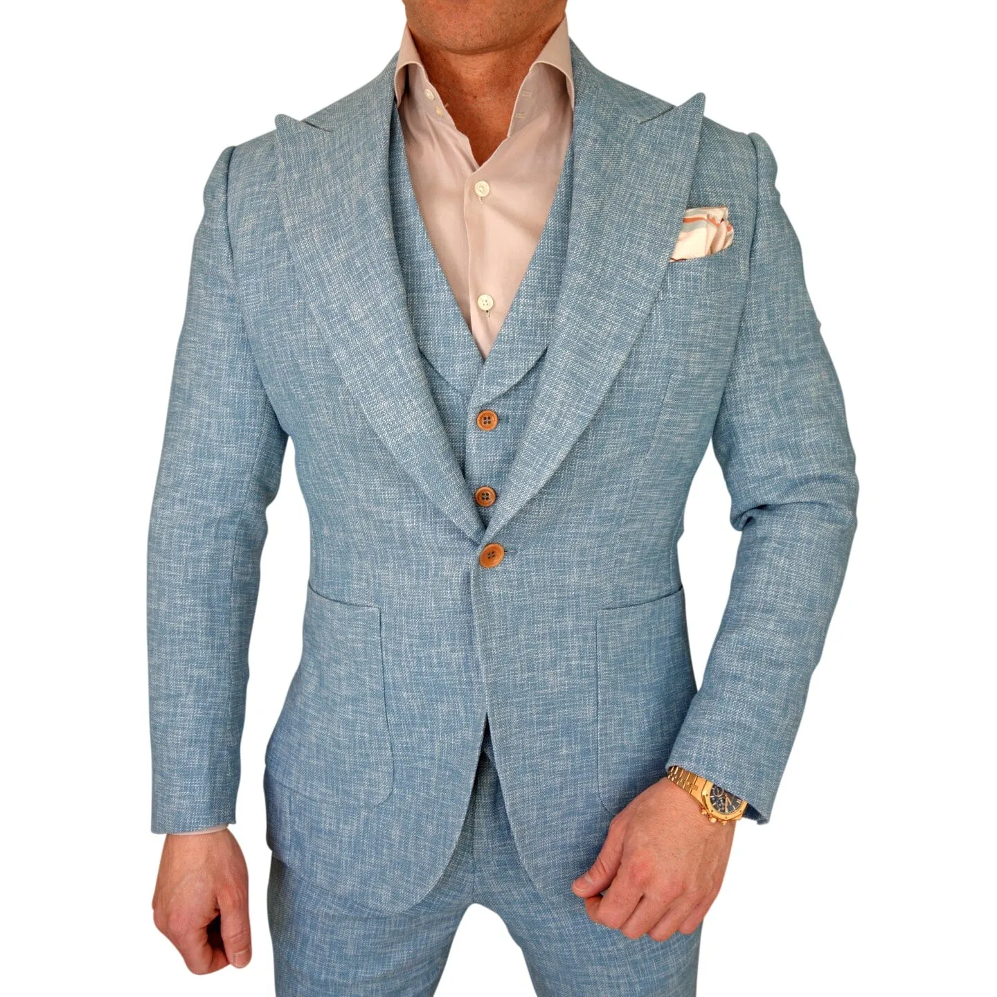Teal Blu Lino Tweed Jacket sold by Sebastian Cruz Couture
