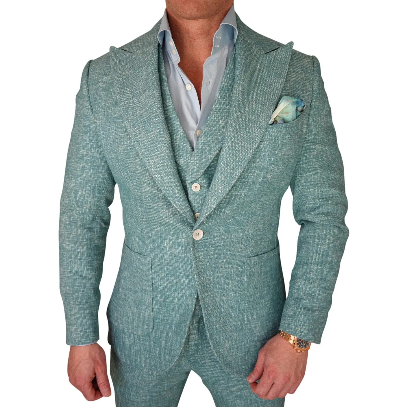 Aqua Lino Tweed Jacket sold by Sebastian Cruz Couture