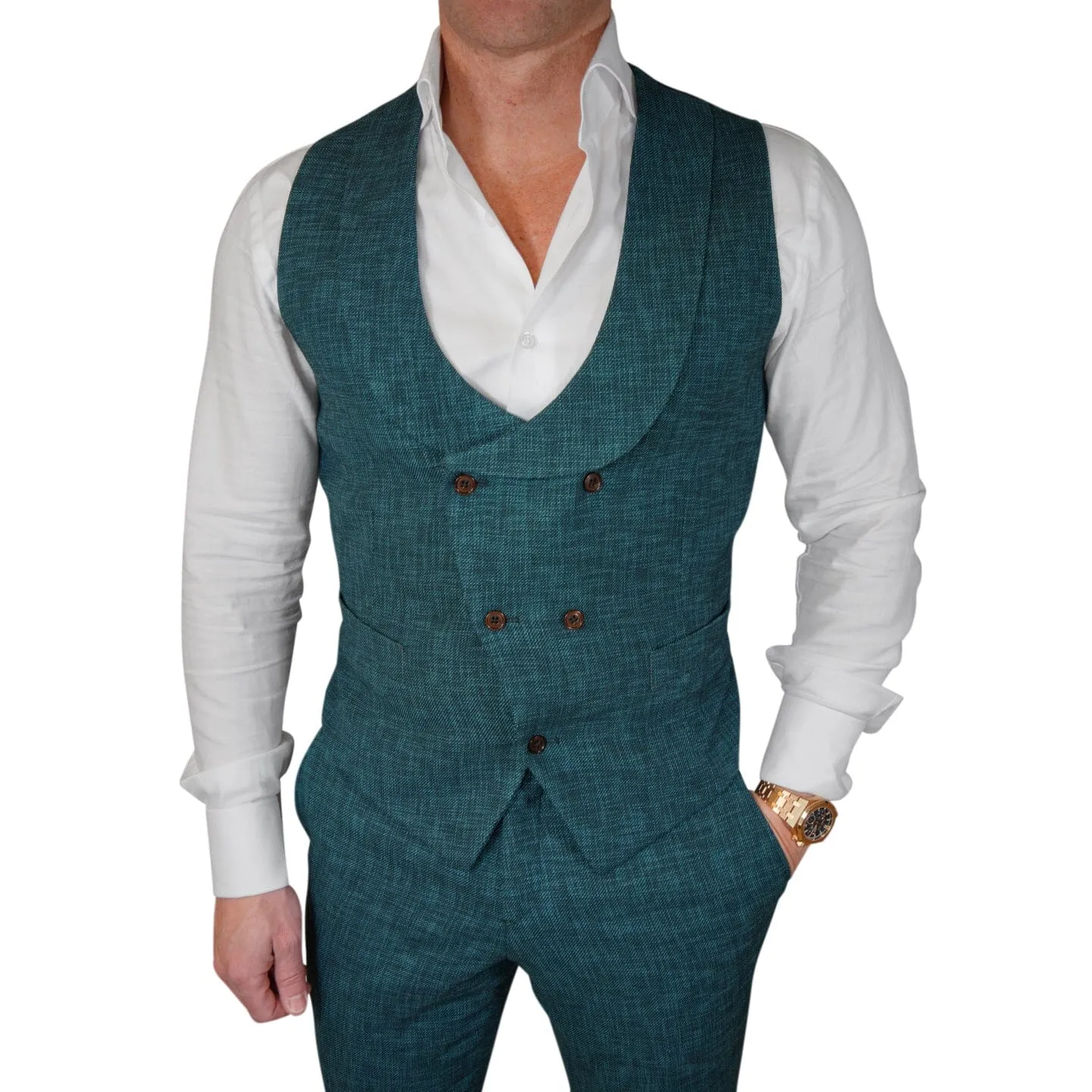 Evergreen Lino Tweed Double Breasted Waistcoat sold by Sebastian Cruz Couture