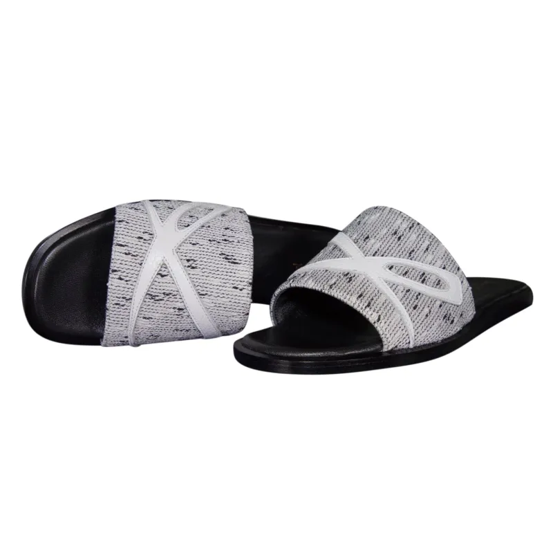 Bianco Tweed Logo Slide made by Sebastian Cruz Couture