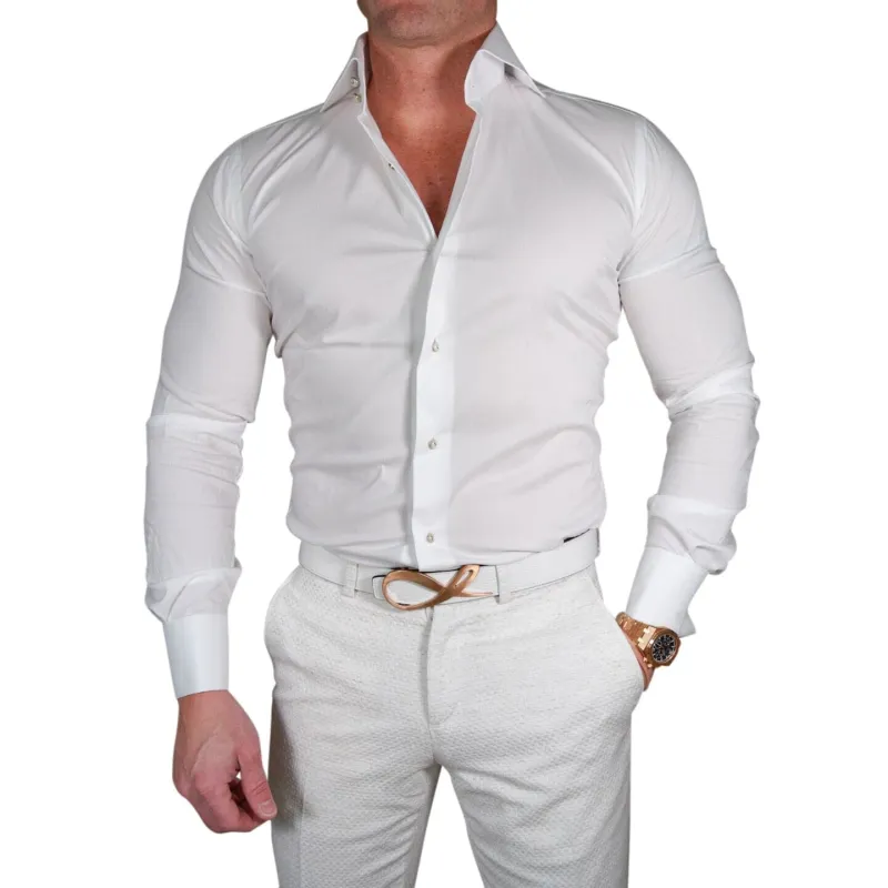 White Classico Signature Gold Tuxedo Shirt sold by Sebastian Cruz Couture