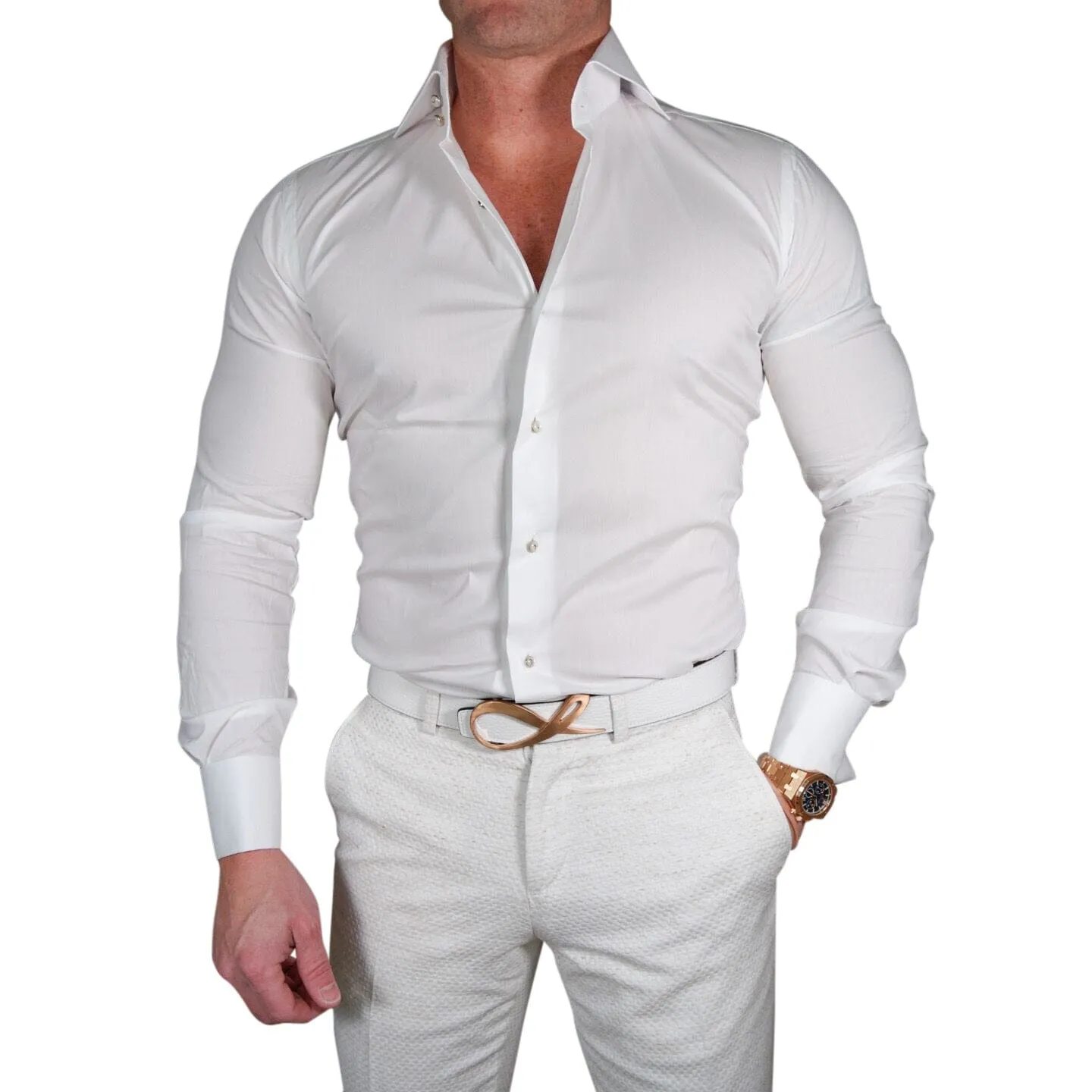 White Classico Signature Gold Tuxedo Shirt sold by Sebastian Cruz Couture