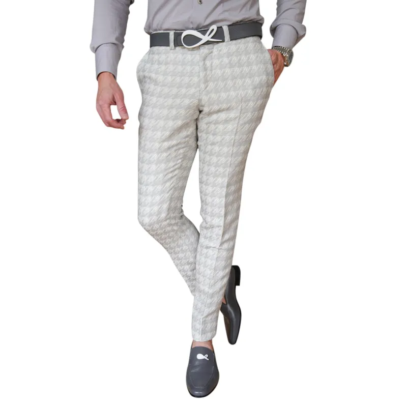 Oyster Grigio Houndstooth Trousers sold by Sebastian Cruz Couture