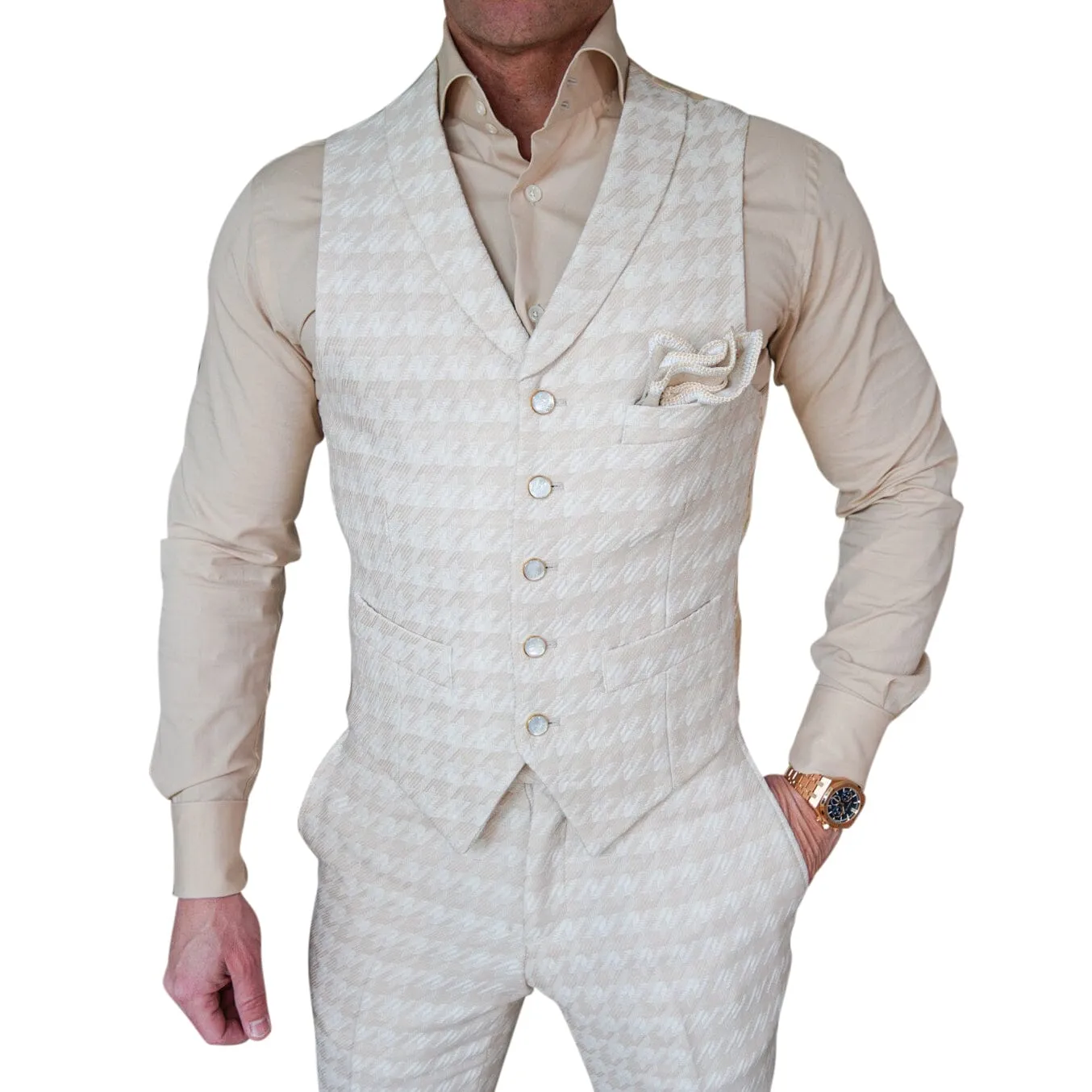 Cashew Crema Houndstooth Ciottoli Waistcoat sold by Sebastian Cruz Couture