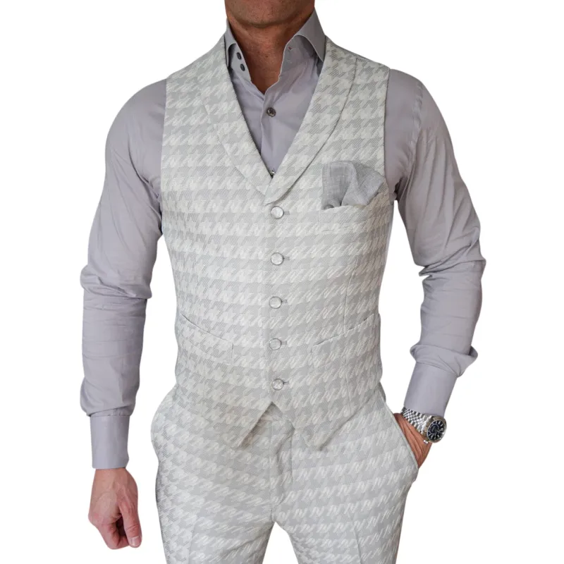 Oyster Grigio Houndstooth Ciottoli Waistcoat sold by Sebastian Cruz Couture
