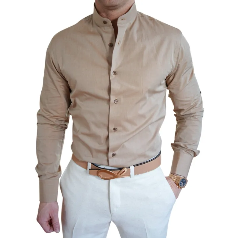 Sand Mandarin Dress Shirt sold by Sebastian Cruz Couture