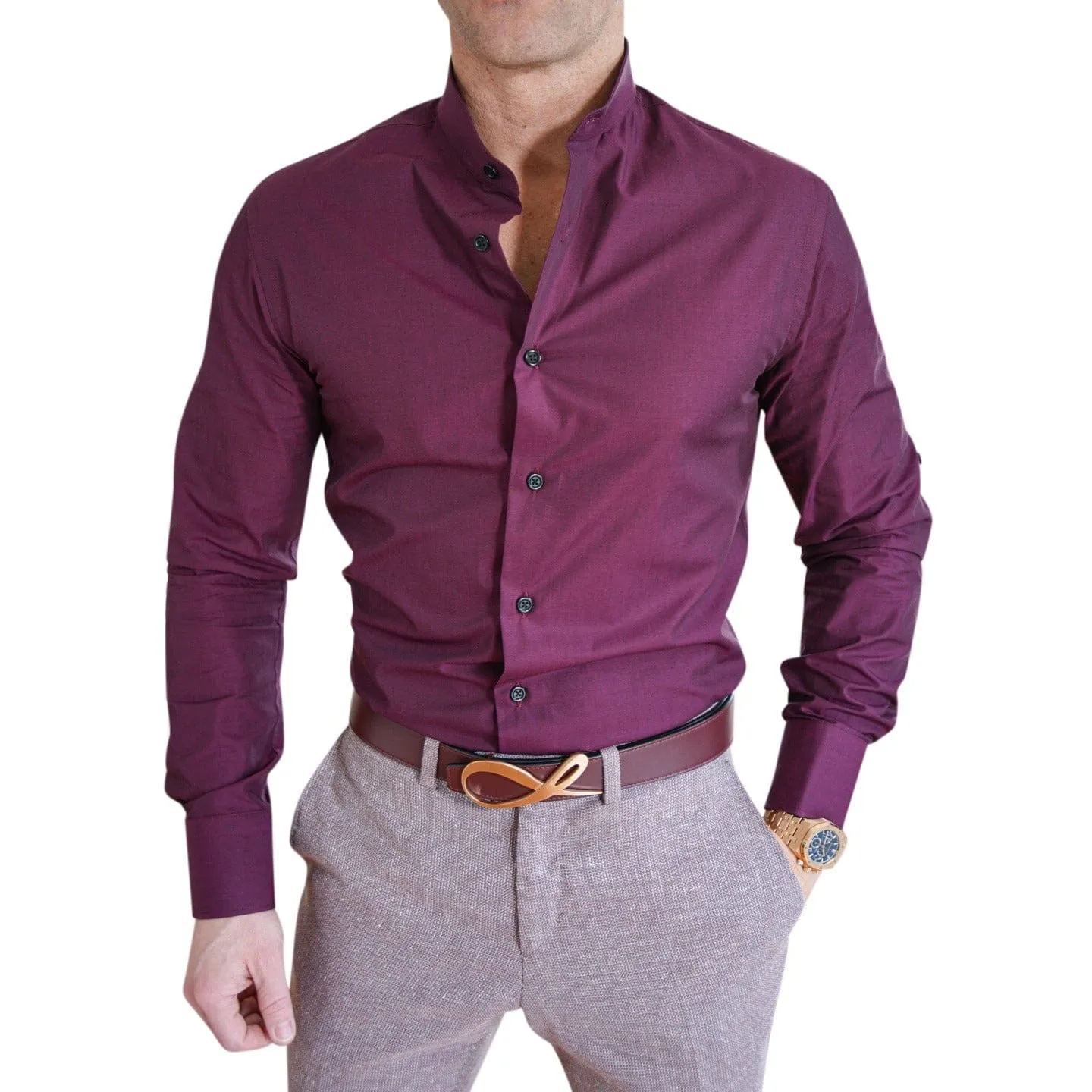 Plum Mandarin Dress Shirt sold by Sebastian Cruz Couture