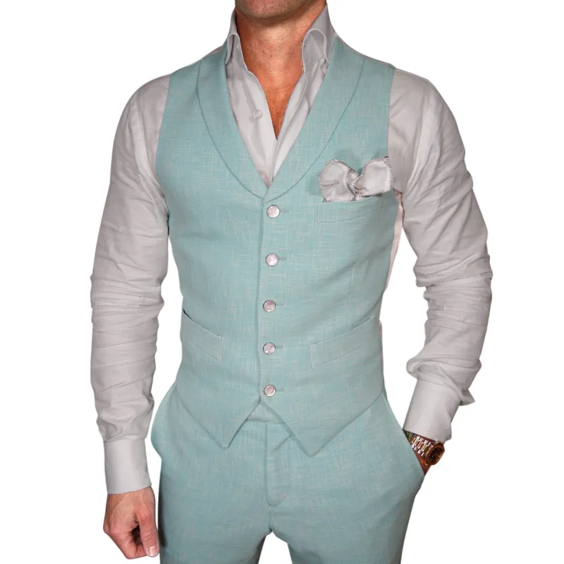 Blu Ciano Lino Tweed Ciottoli Waistcoat sold by Sebastian Cruz Couture