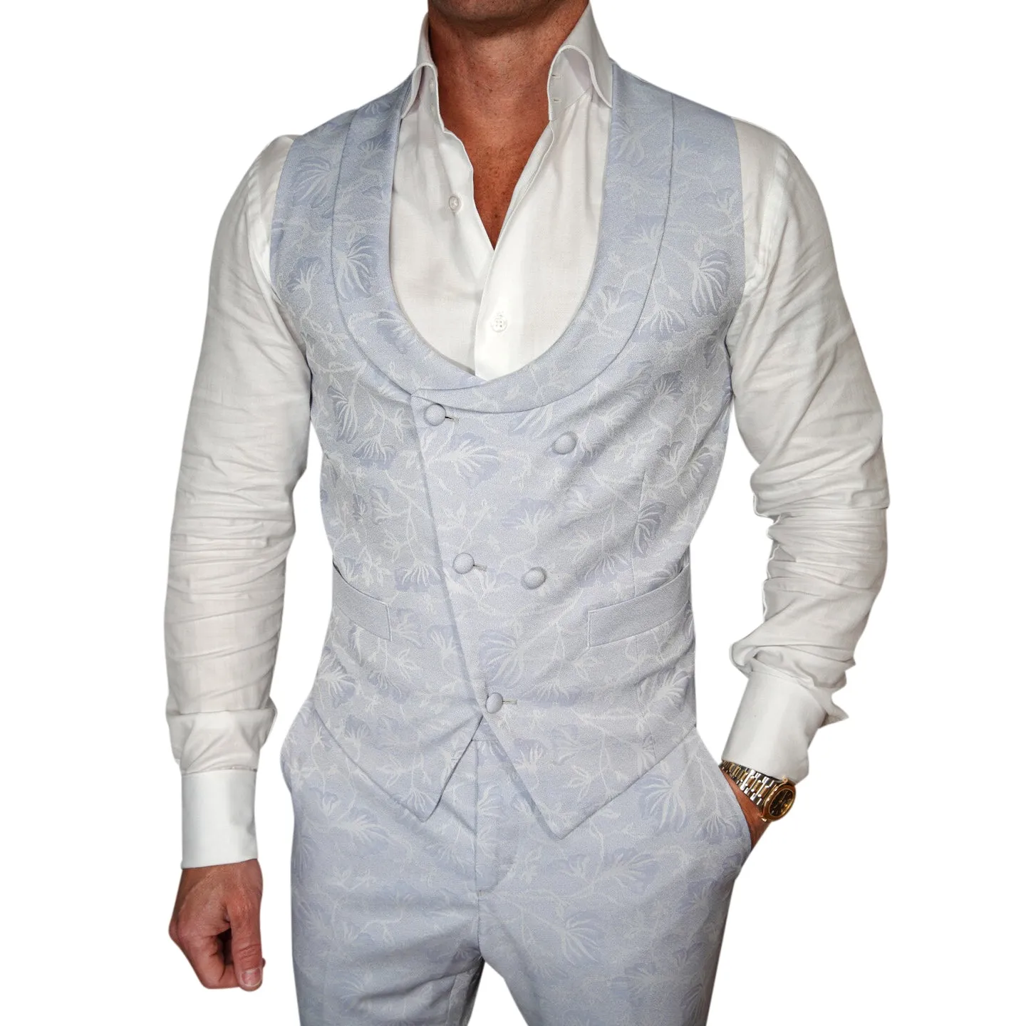 Pastel Azzurro Campanula Double Breasted Waistcoat sold by Sebastian Cruz Couture