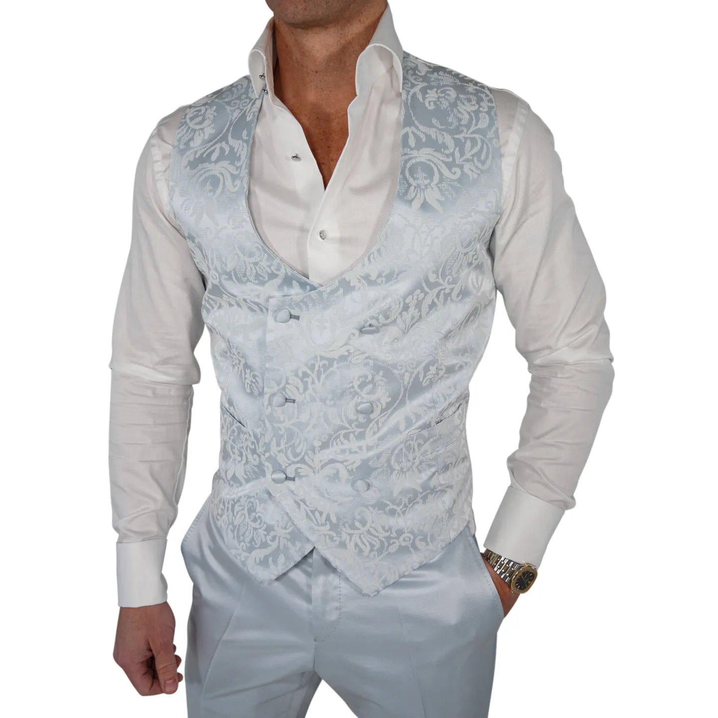 Blu Ghiaccio Naked Double Breasted Waistcoat sold by Sebastian Cruz Couture