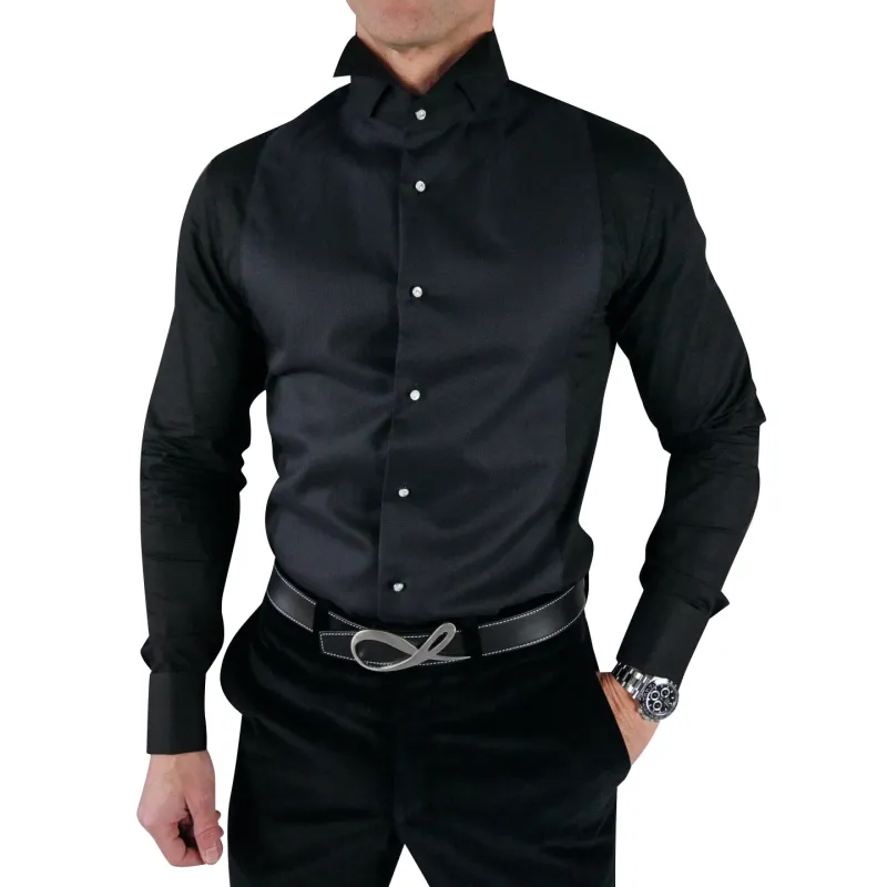 Black Evento Signature Tuxedo Shirt sold by Sebastian Cruz Couture