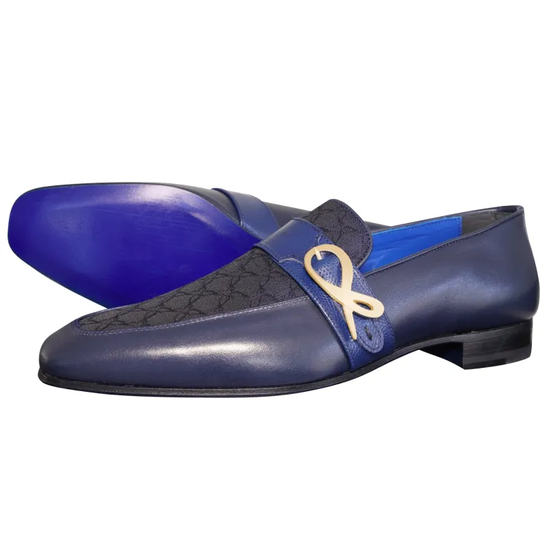 Midnight Marino Logo Monk Loafers With Yellow Gold Buckle sold by Sebastian Cruz Couture