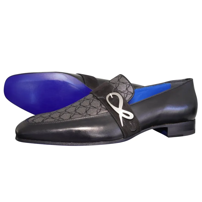 Charcoal Nero Logo Monk Loafers With Silver Buckle sold by Sebastian Cruz Couture