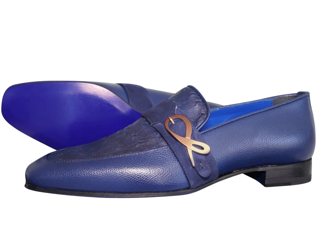 Indigo Ostrich Monk Rose Gold Loafer sold by Sebastian Cruz Couture