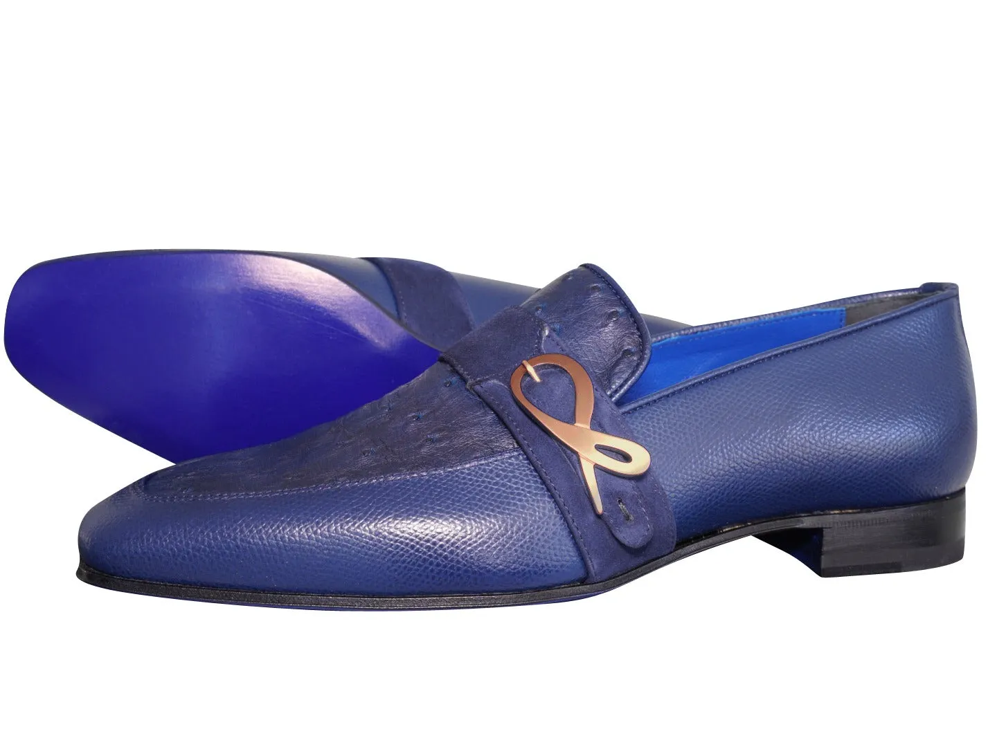 Indigo Ostrich Monk Rose Gold Loafer sold by Sebastian Cruz Couture