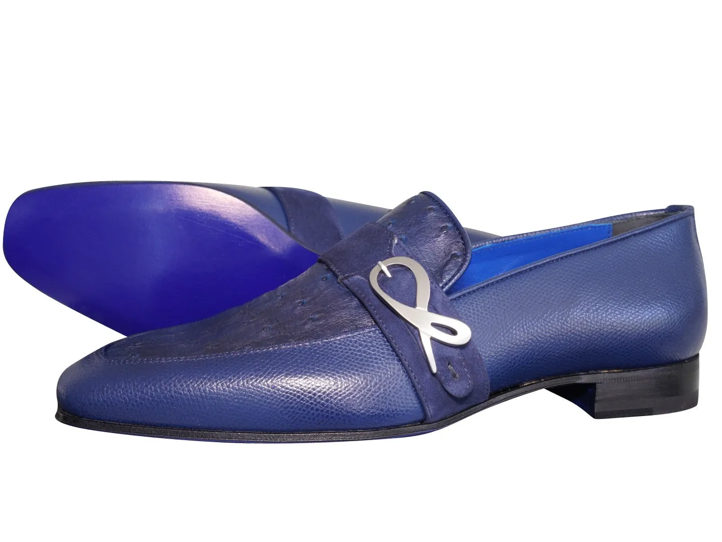 Indigo Ostrich Monk Silver Loafer sold by Sebastian Cruz Couture