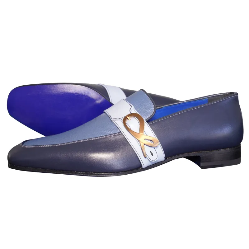 Blu Maya Leather Monk Strap loafer With Rose Gold Buckle sold by Sebastian Cruz Couture