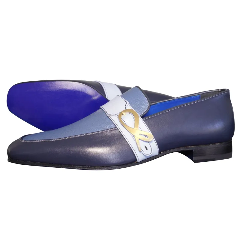 Blu Maya Leather Monk Strap loafer With Gold Buckle sold by Sebastian Cruz Couture
