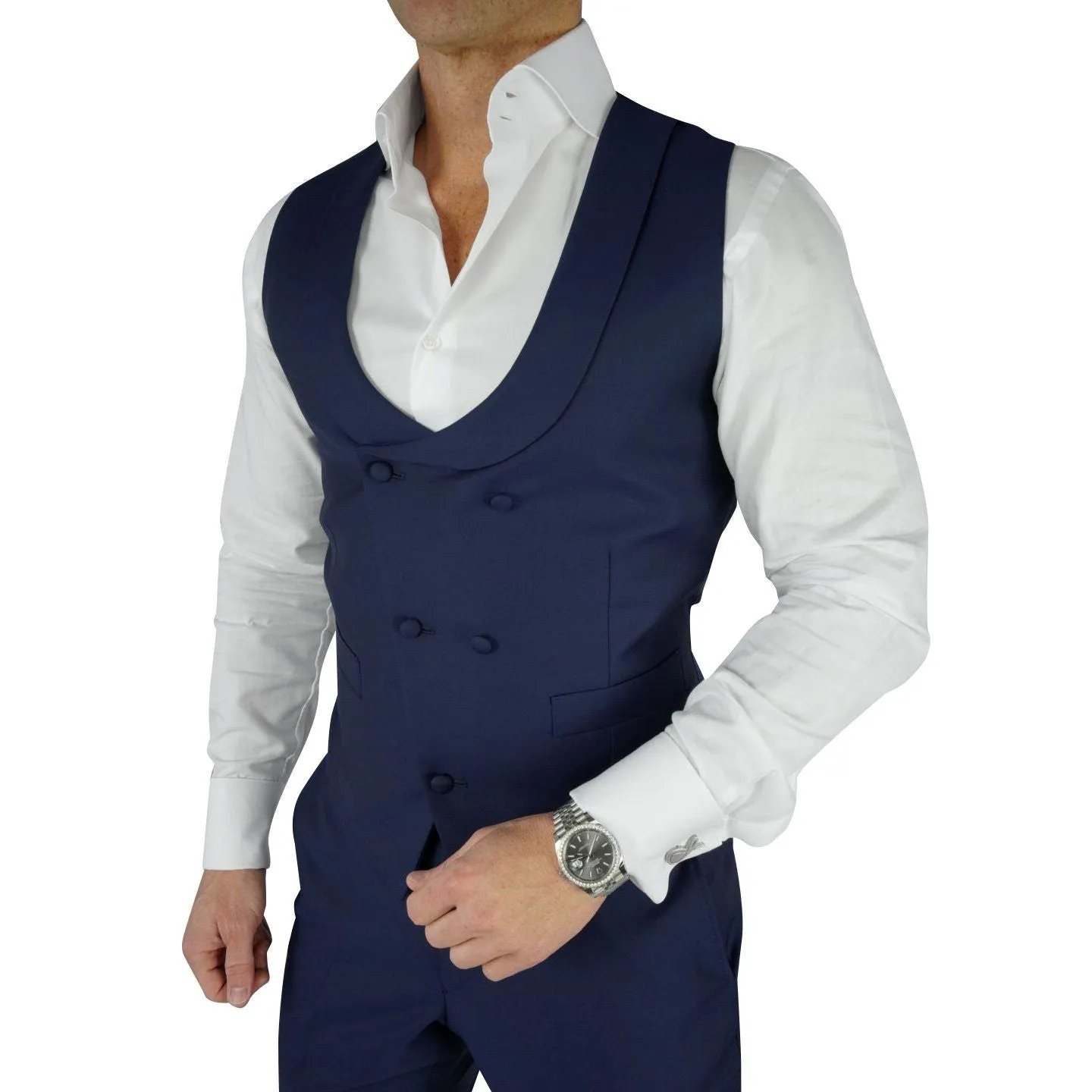 Navy Blue Evento Double Breasted Waistcoat sold by Sebastian Cruz Couture