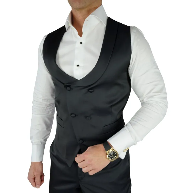 Black Evento Double Breasted Waistcoat sold by Sebastian Cruz Couture