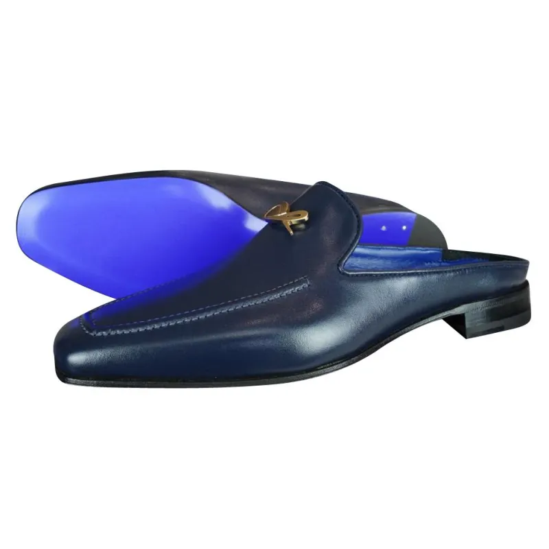 Classica Blu Mezzanotte With Yellow Gold Hardware Leather Slipper sold by Sebastian Cruz Couture