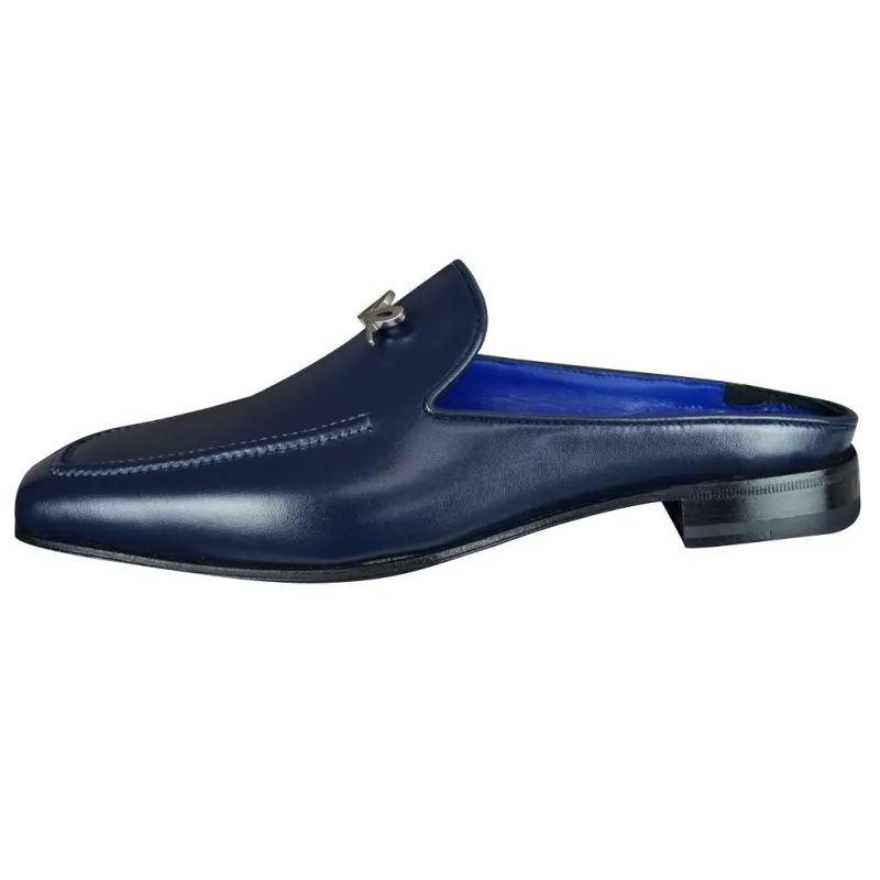 Classica Blu Mezzanotte With Silver Hardware Leather Slipper sold by Sebastian Cruz Couture