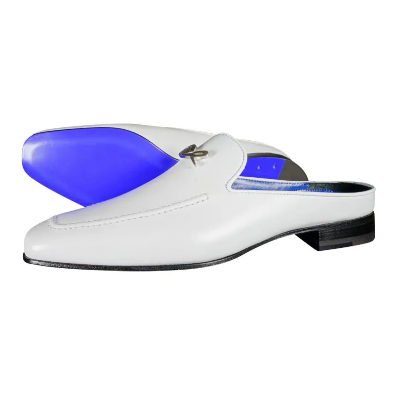 Bianco With Silver Hardware Leather Slippers sold by Sebastian Cruz Couture