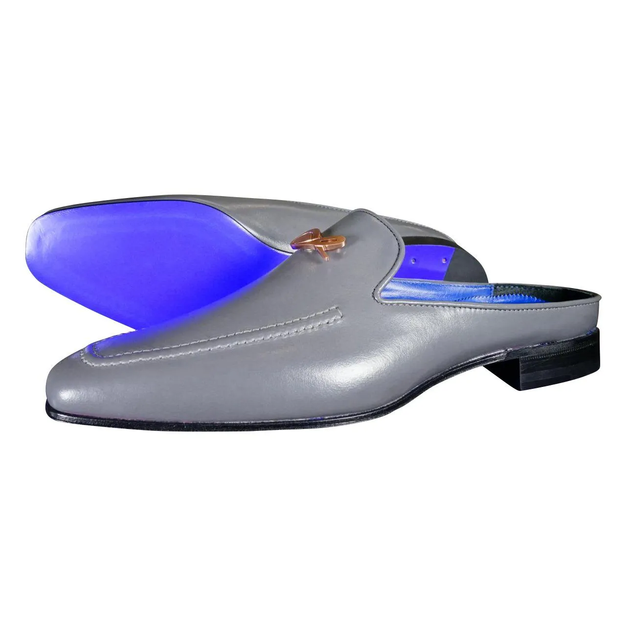 Grafite With Rose Gold Hardware Leather Slippers sold by Sebastian Cruz Couture