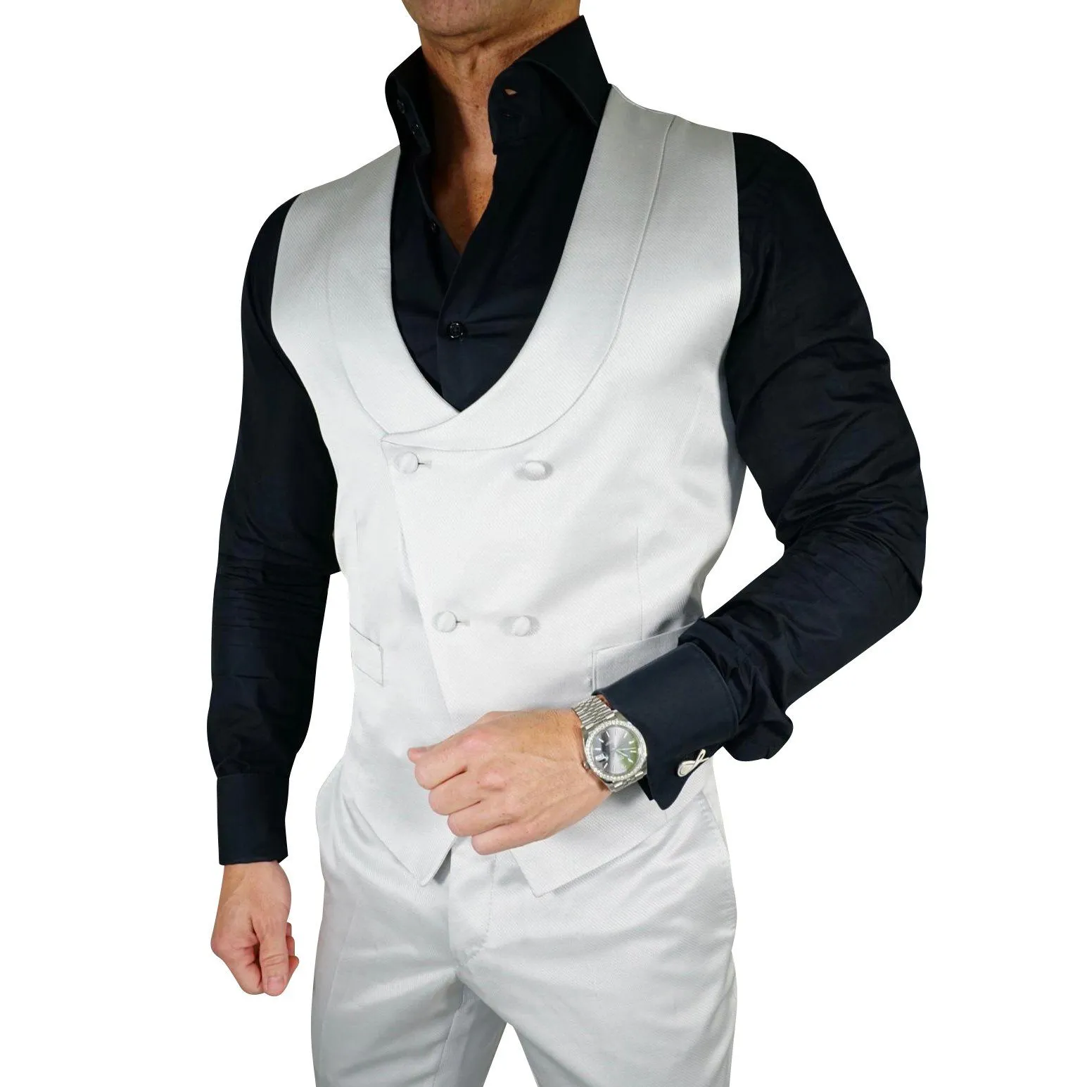 Silver Lucentezza Double Breasted Waistcoat sold by Sebastian Cruz Couture
