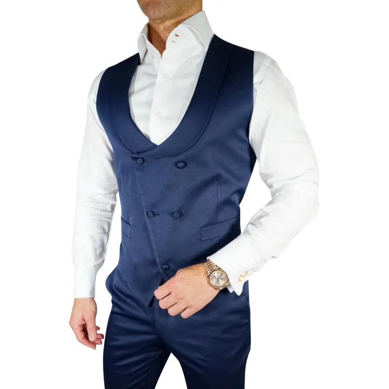 Navy Blue Lucentezza Double Breasted Waistcoat sold by Sebastian Cruz Couture