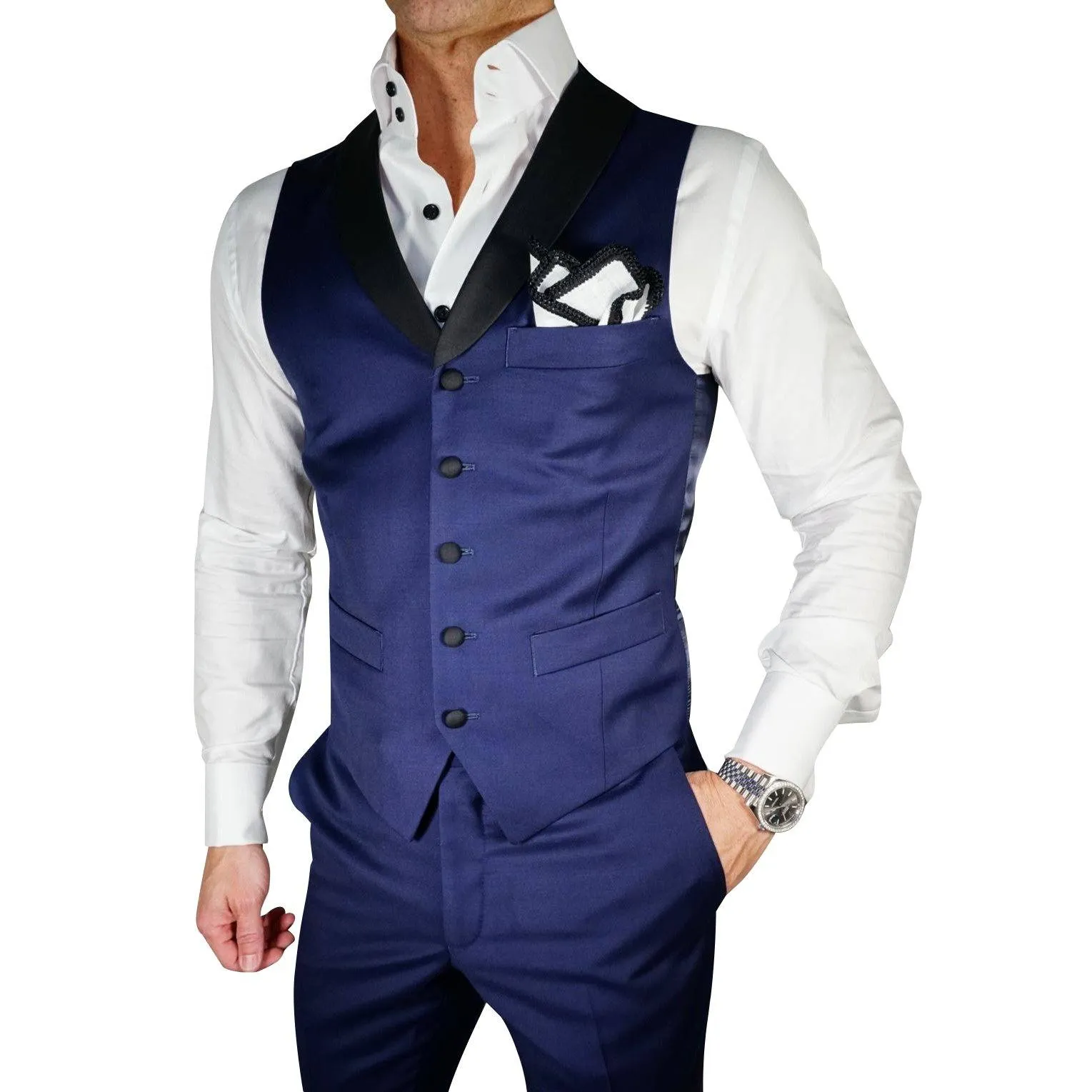 Navy Blue and Black Ciottoli Waistcoat sold by Sebastian Cruz Couture
