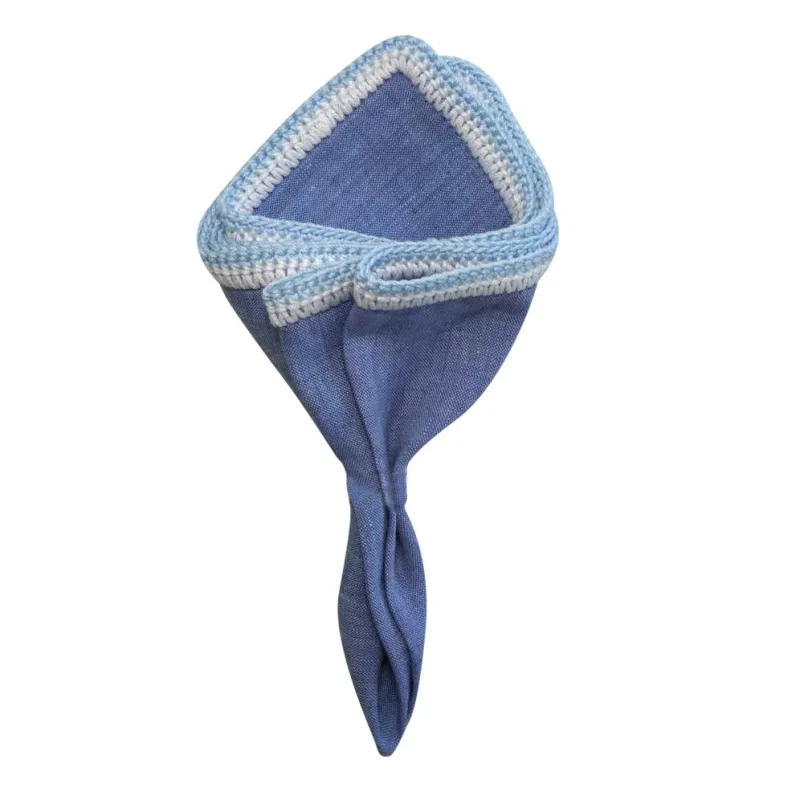 Denim Lino with White and Sky Blue Signature Borders sold by Sebastian Cruz Couture