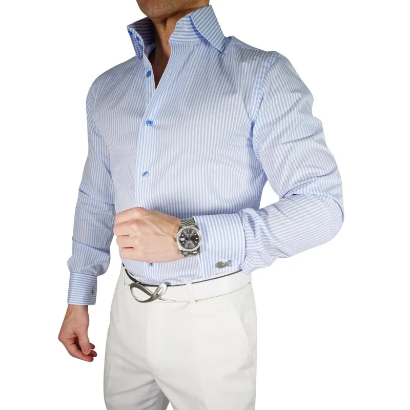 Sky Blue Awning Dress Shirt made by Sebastian Cruz Couture