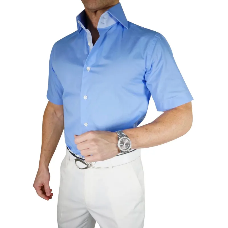 Blu Poplin Short Sleeve Shirt sold by Sebastian Cruz Couture