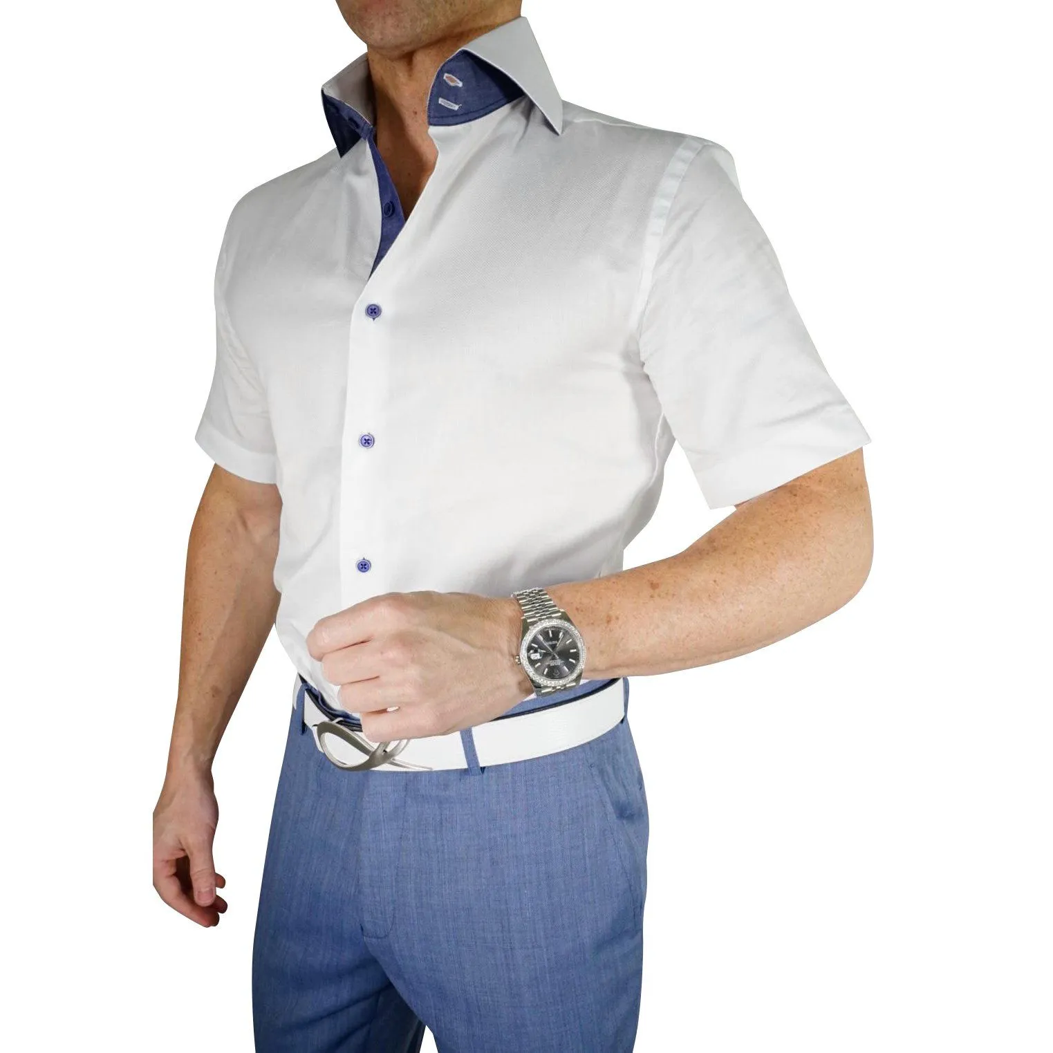 White Denim Weavetex Short Sleeve Shirt sold by Sebastian Cruz Couture
