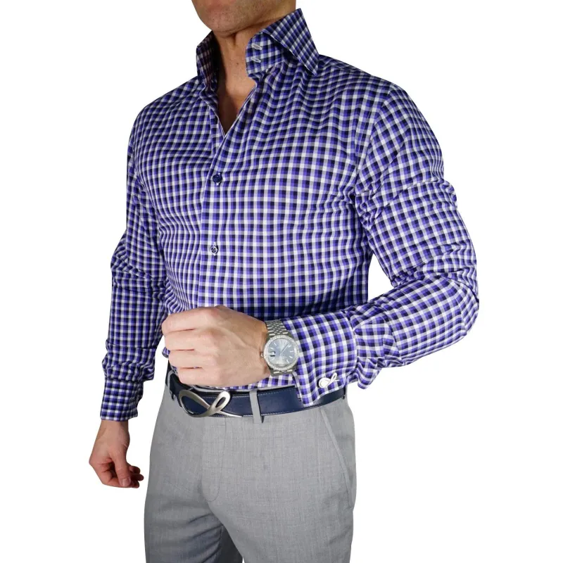 Navy Sapphire Gingham Dress Shirt sold by Sebastian Cruz Couture